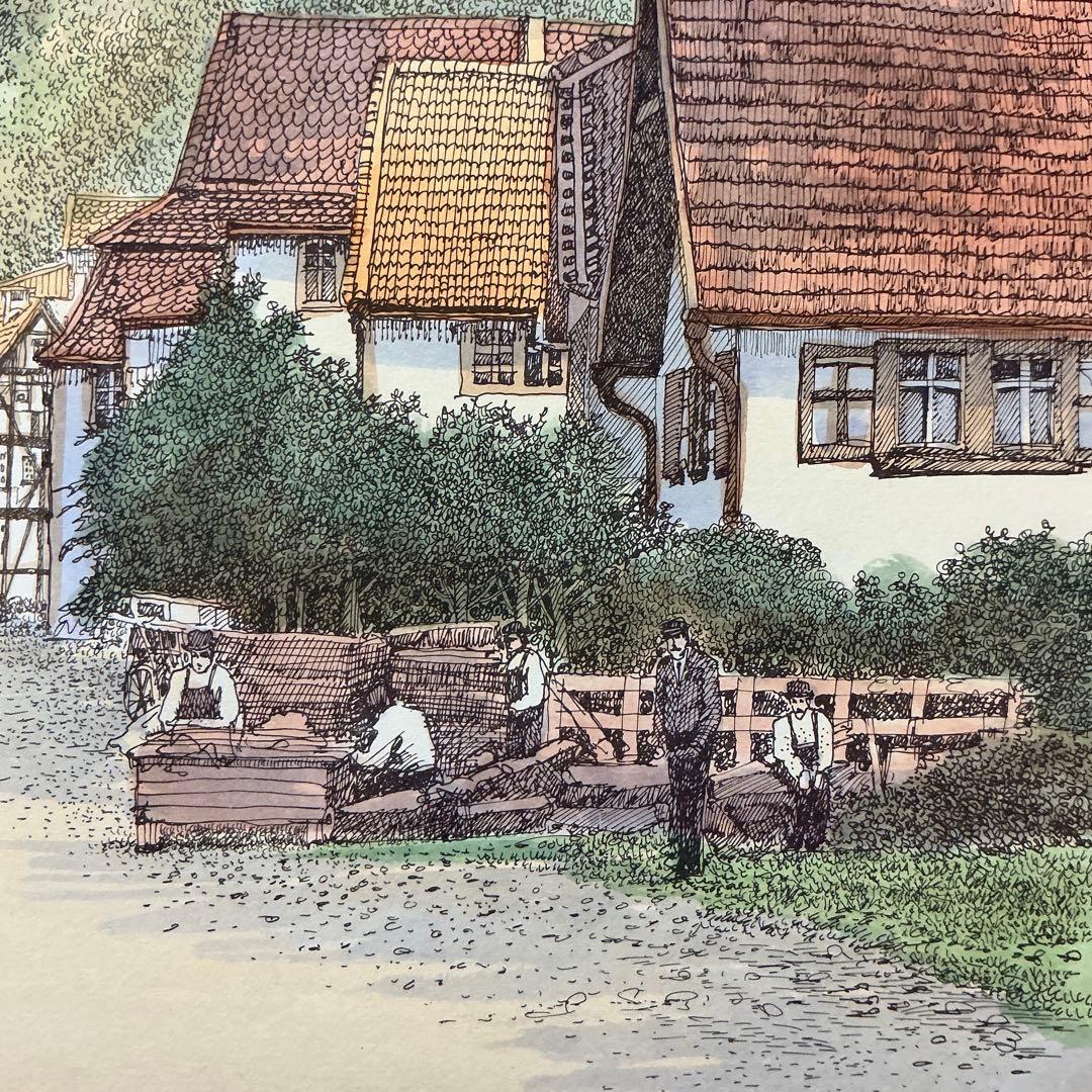 絵画、版画、リトグラフ、織田義郎、ドイツ、ハレンベルク、木組の家、街並み、風景画