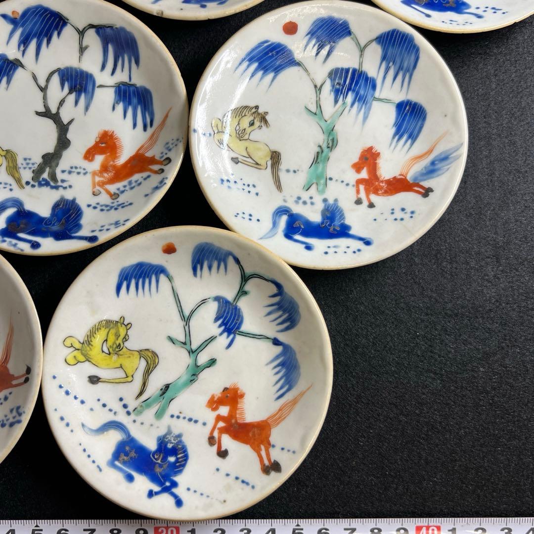 中国清朝時代　南京赤絵馬図小皿11枚　木箱付　東Y8-0109☆2F