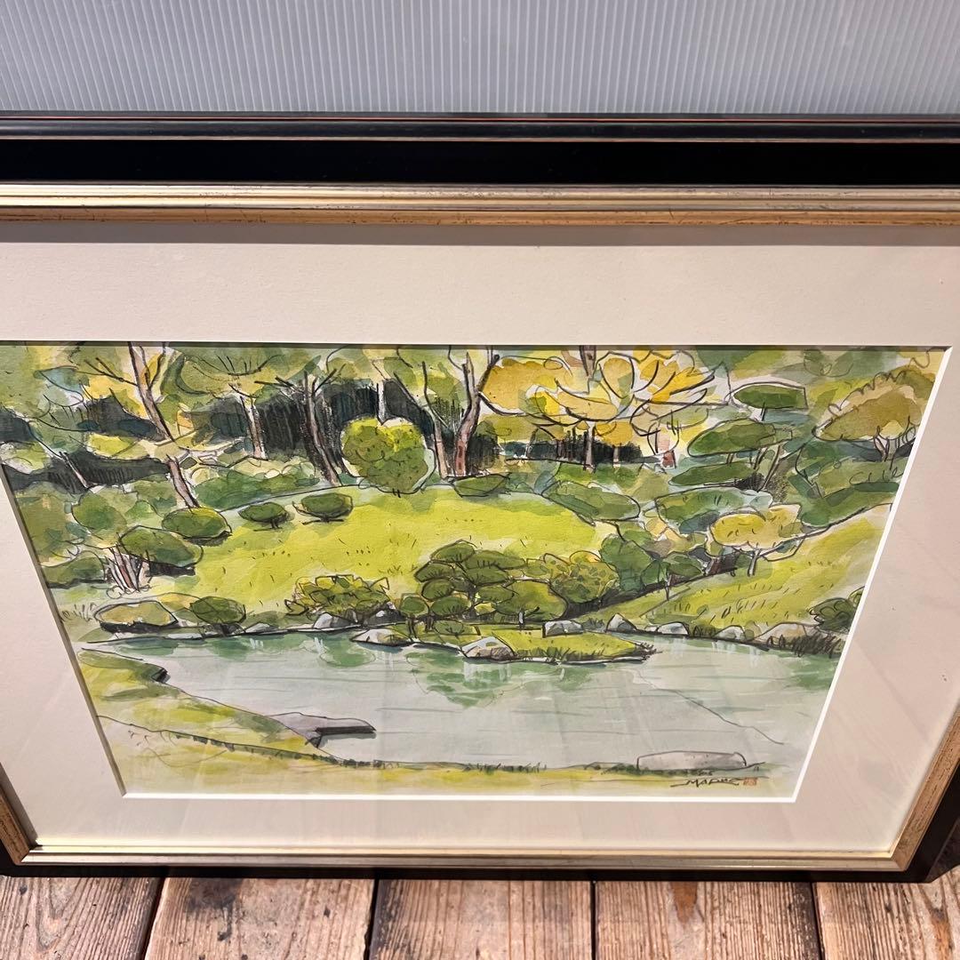 透明水彩画　日本庭園　MARUO 額縁入り　緑　園庭　インテリア　希少