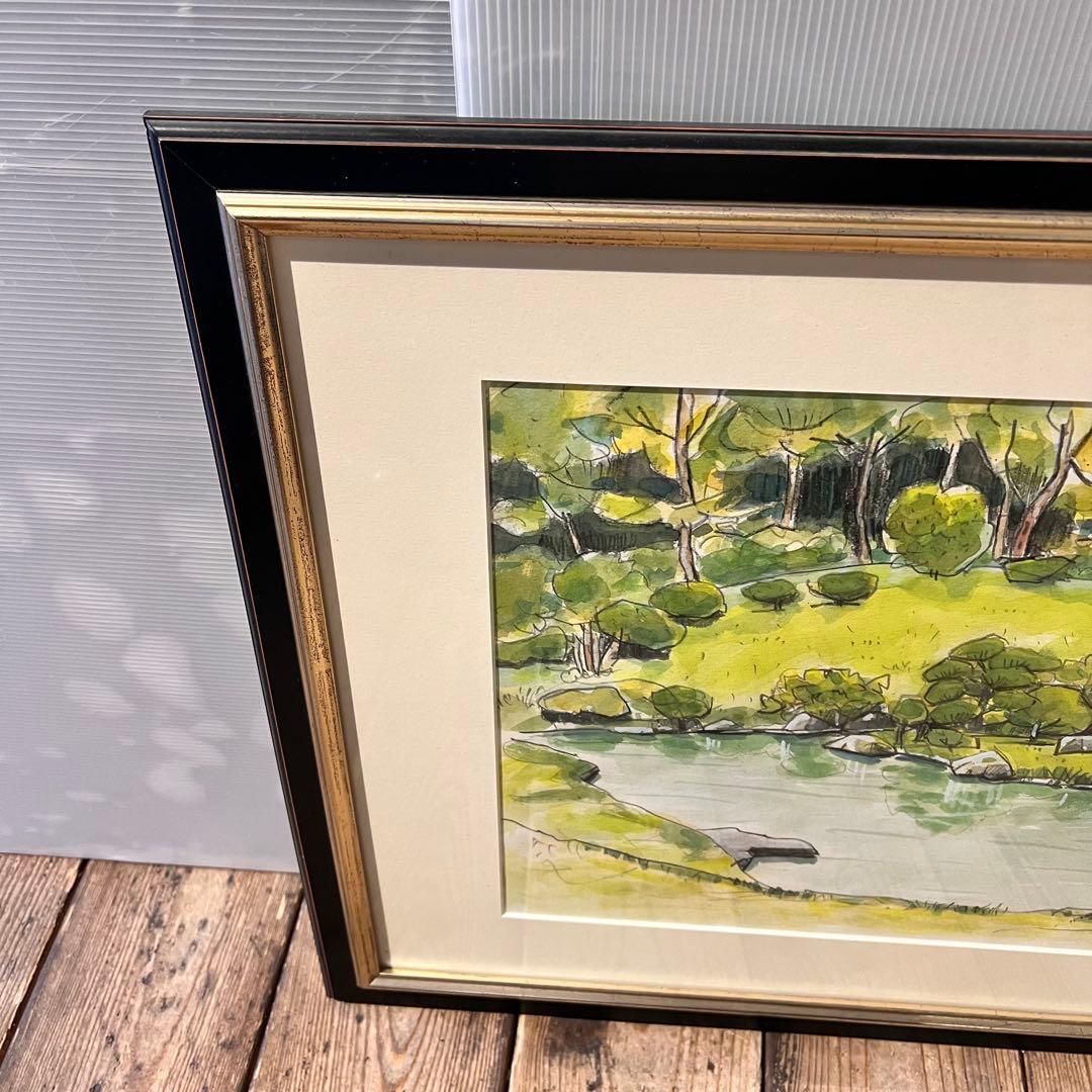 透明水彩画　日本庭園　MARUO 額縁入り　緑　園庭　インテリア　希少