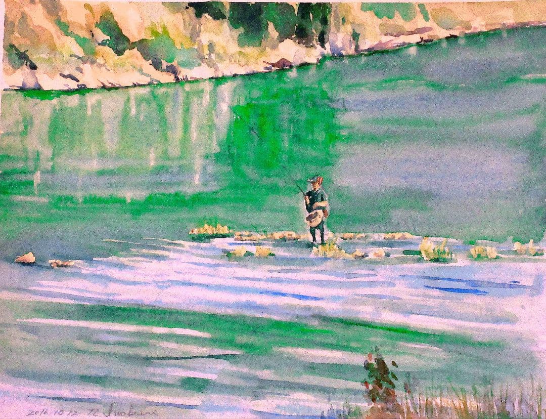 釣り人の水彩画（額縁付き）原画