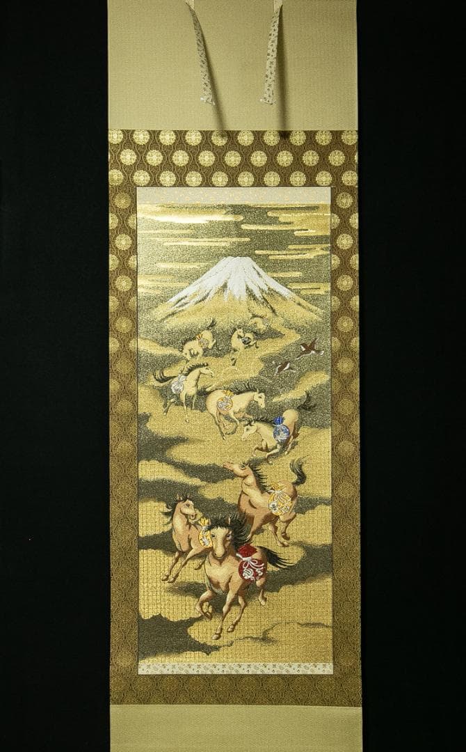 掛軸-1701　富士来寶上駒　高級西陣織　安江政敏原画　太巻　二重箱