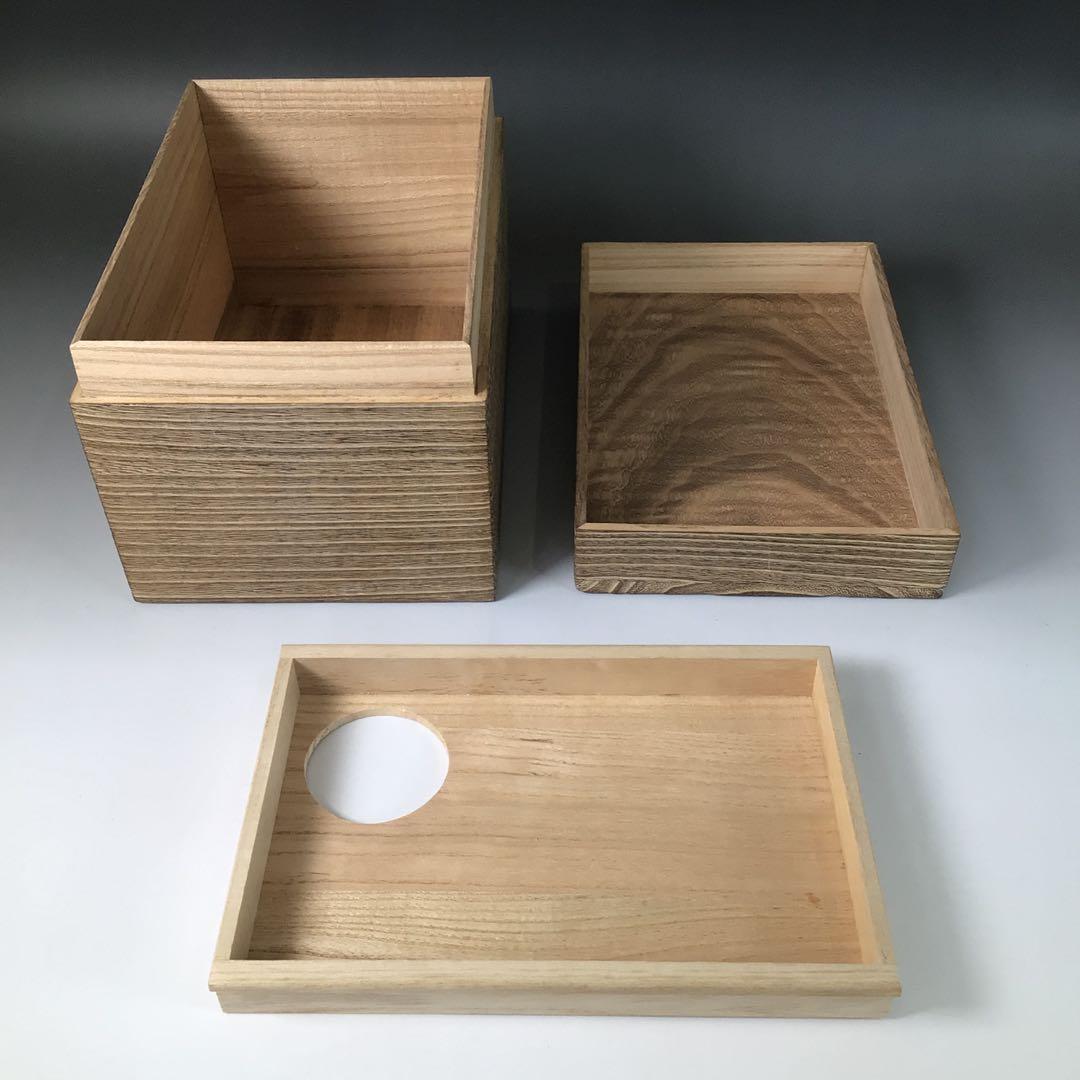 Ｒ８５８　茶箱　『指物師　大崎雄斉作』『焼桐』『利休茶箱』　紙箱　茶道具