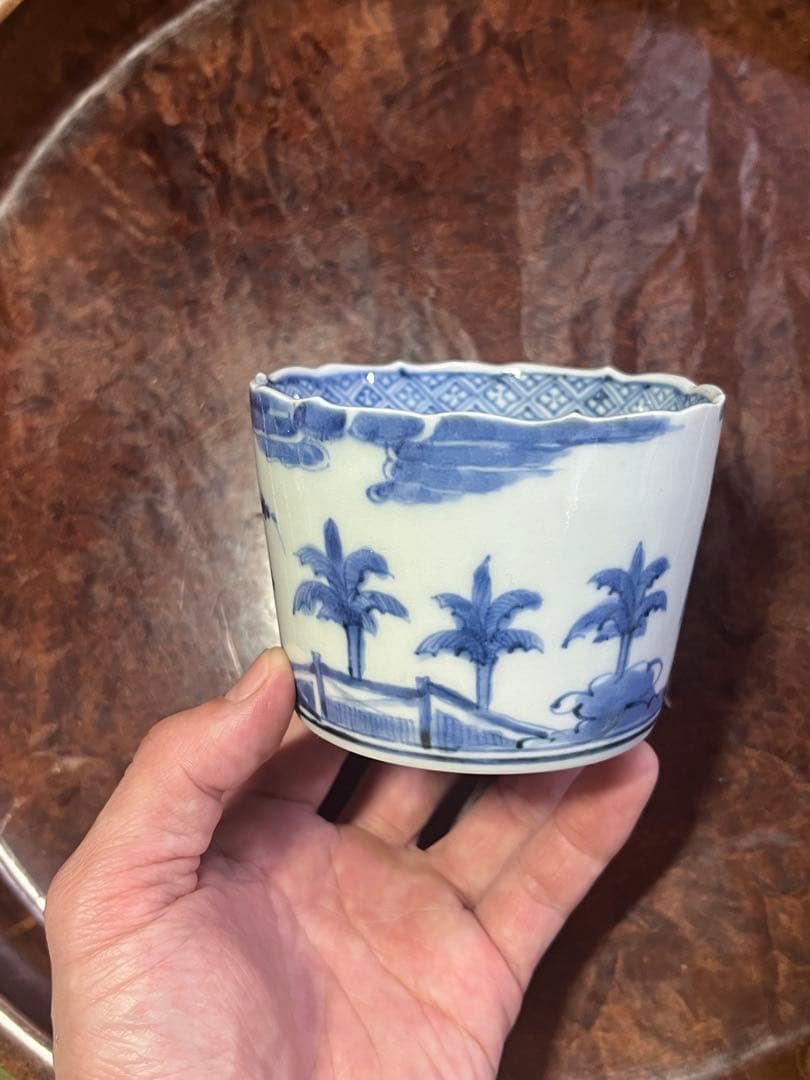 古伊万里　蕎麦猪口　賢人　仙人　人物　蘇轍　印判　宝珠　軍配　団扇　経巻　宝巻