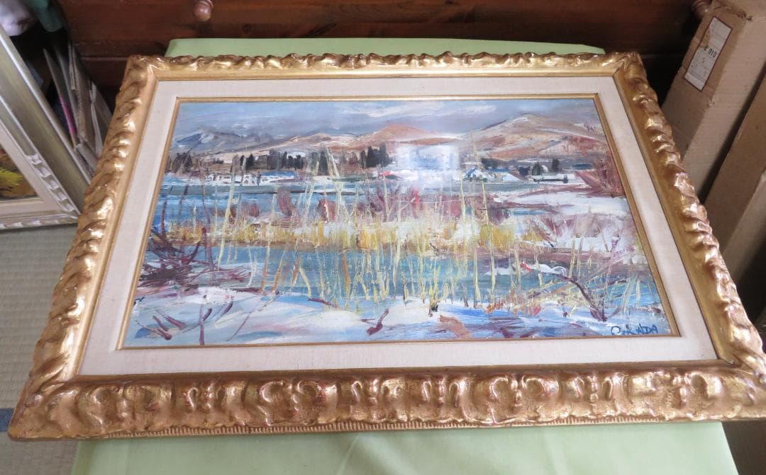 ◆岡田又三郎　「雪の湖畔（山中湖）」　油彩　M10号　日展理事　日本芸術院賞◆