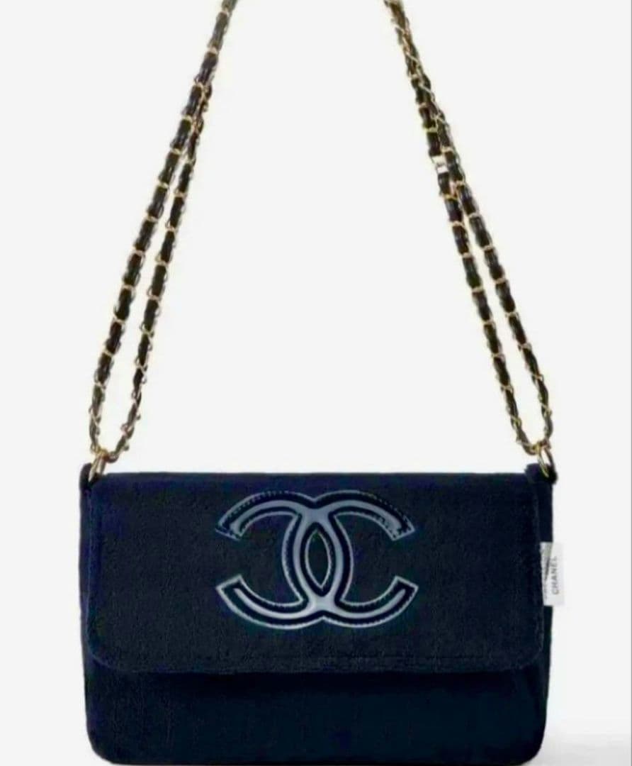 CHANEL パイル地 ショルダーバッグ チェーンベルト ブラック ノベルティ