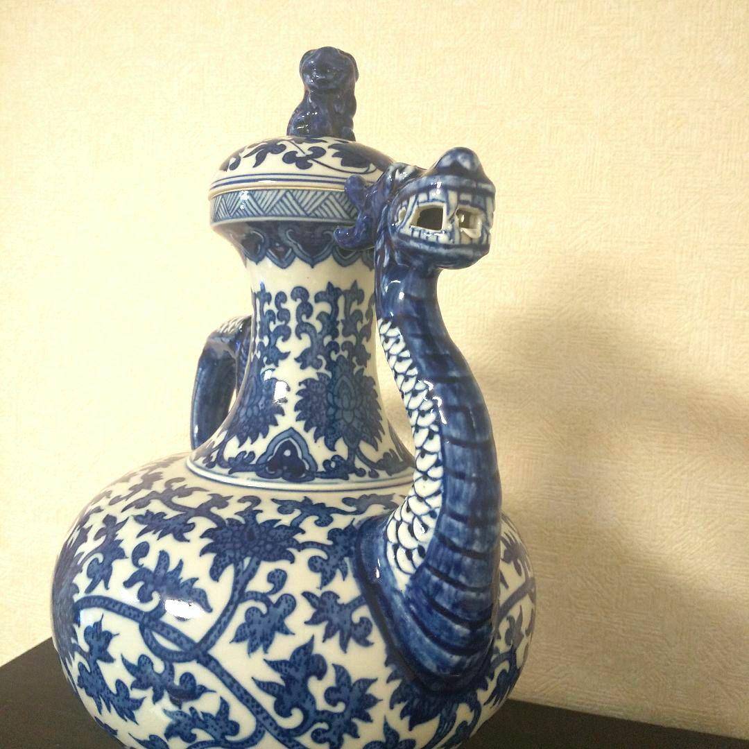 壺　陶器　美術品　工芸品　景徳鎮　水差し　龍　こまいぬ