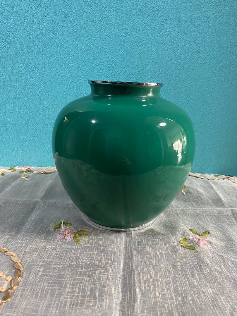 七宝焼花瓶　グリーン牡丹　20cm