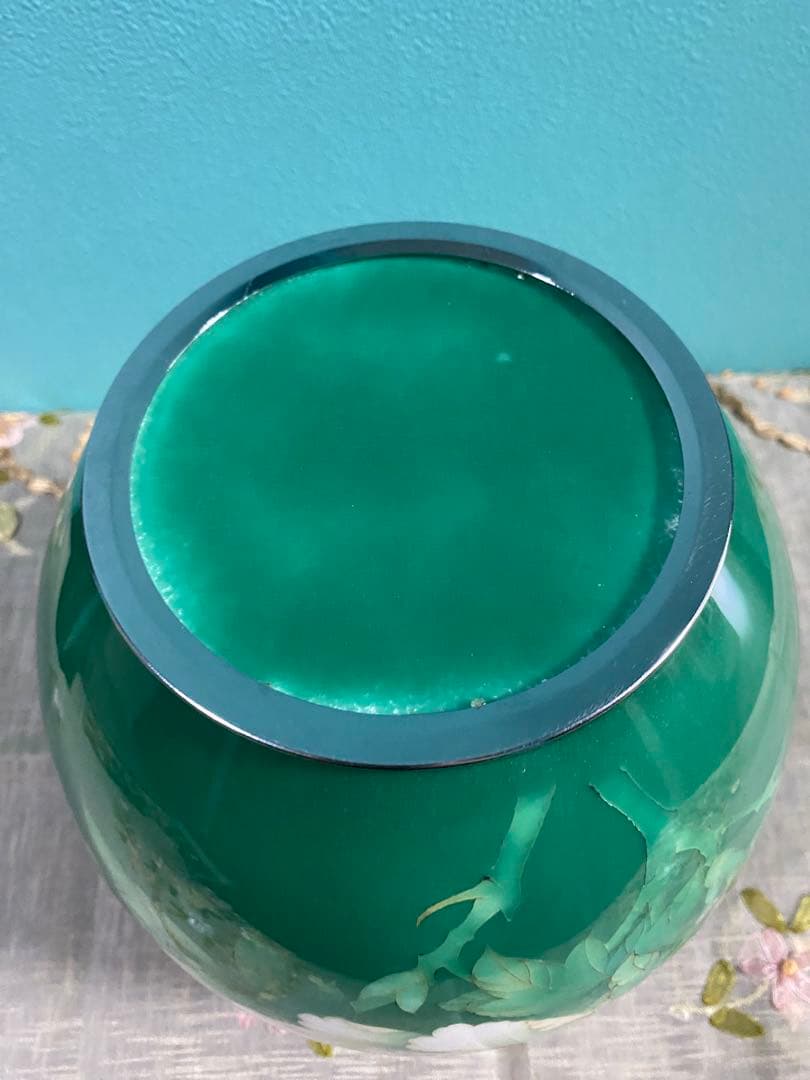 七宝焼花瓶　グリーン牡丹　20cm