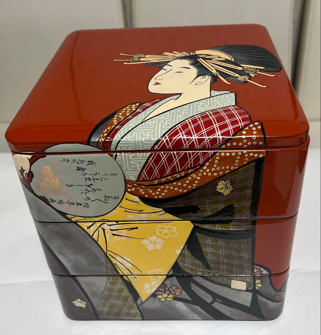 会津塗 木製三段重 朱漆 浮世絵 手書 蒔絵 うるし絵・会津絵　珍品