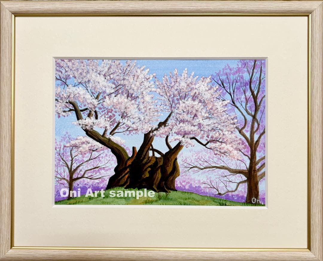 アクリル画　原画　「山高神代桜」額縁付　SMサイズ　風景画
