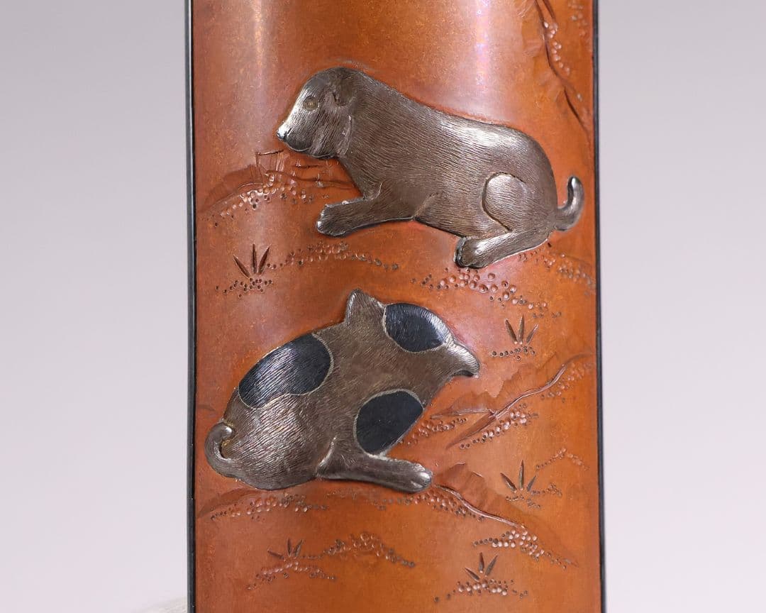 【MB20】煎茶道具 杉本儀助(作) 素銅内銀張 高肉象嵌 仔犬 茶合 金工