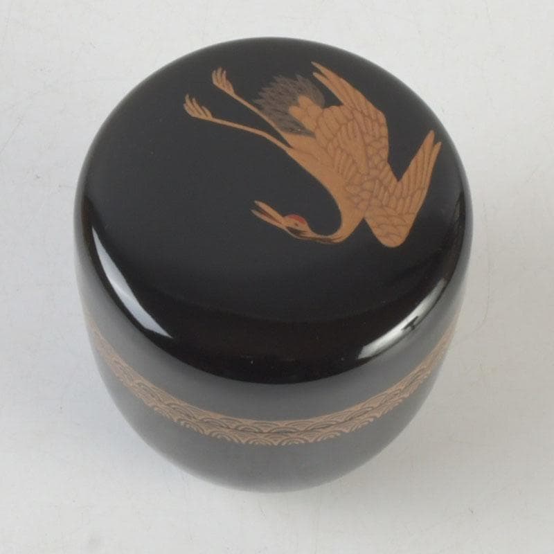 茶道具　黒漆　鶴蒔絵　中棗　共箱　V　9690