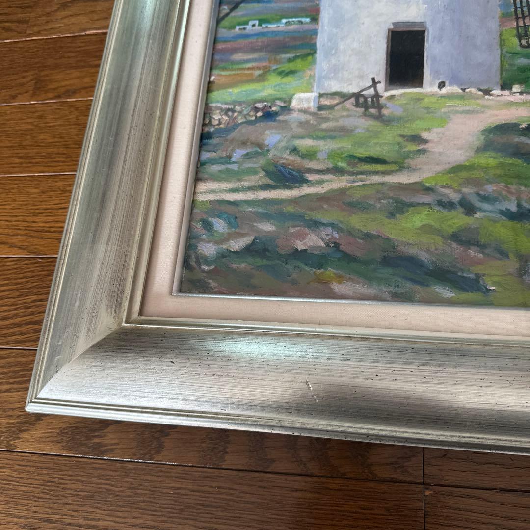 油彩画　ラマンチャの風車　スペイン　F20 風景画　額装　アクリル板