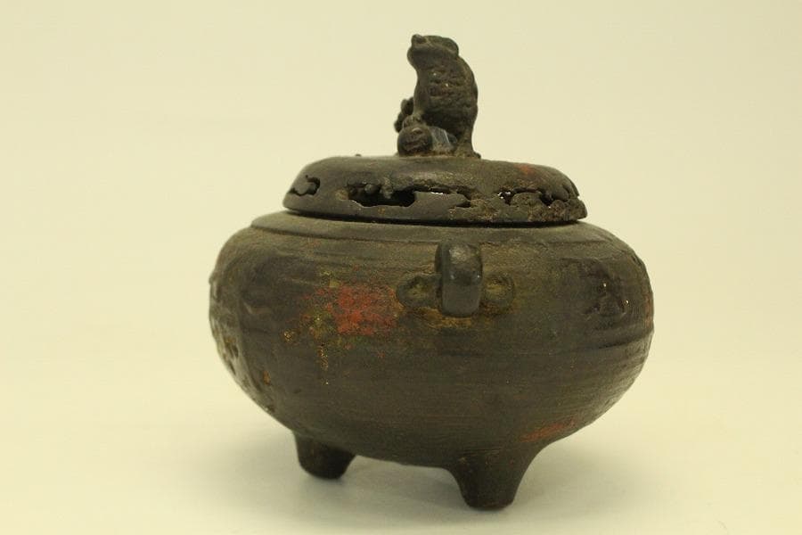 古銅 獅子蓋 香炉 時代物(A975)