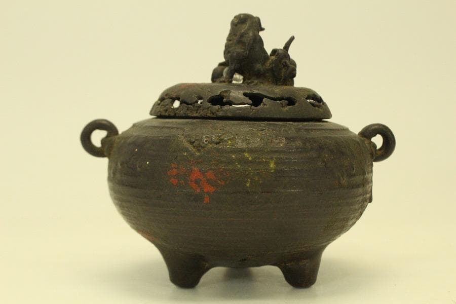 古銅 獅子蓋 香炉 時代物(A975)