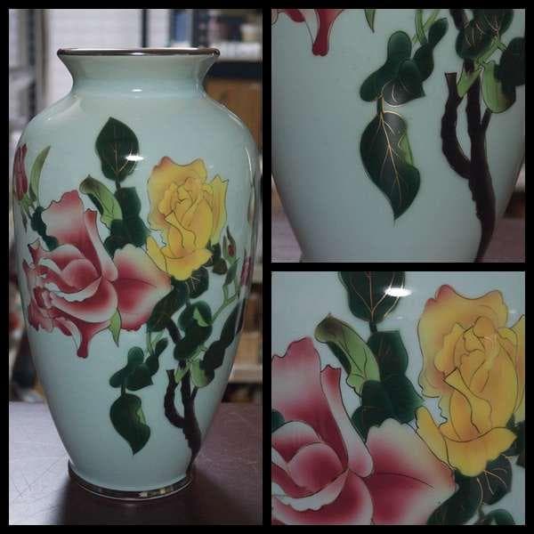 安藤七宝店 黒翠七宝『薔薇文』有線七宝花瓶 高さ31㎝★美品★