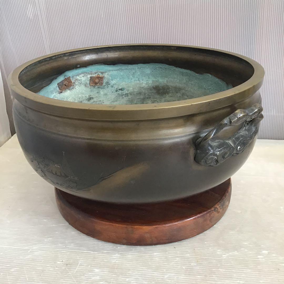 茶道具　灰炉　銅製　木製台•底瓦•前瓦•灰ならし具付　配送用箱　S233HR