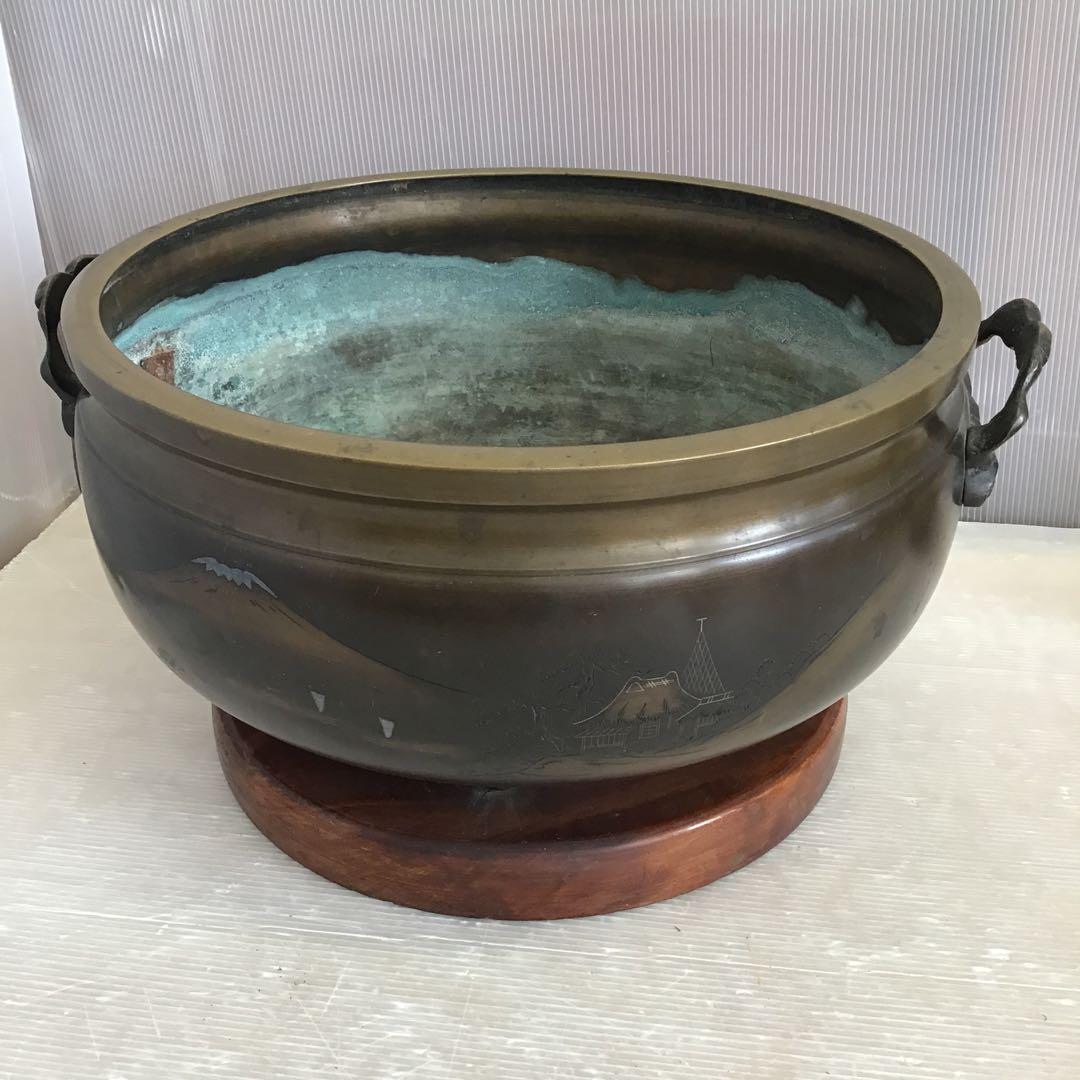 茶道具　灰炉　銅製　木製台•底瓦•前瓦•灰ならし具付　配送用箱　S233HR