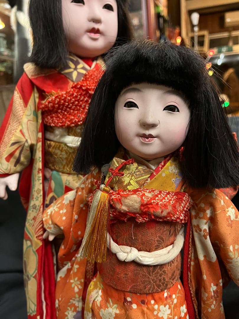 市松人形 黒髪 オレンジ着物 約30cm 2体