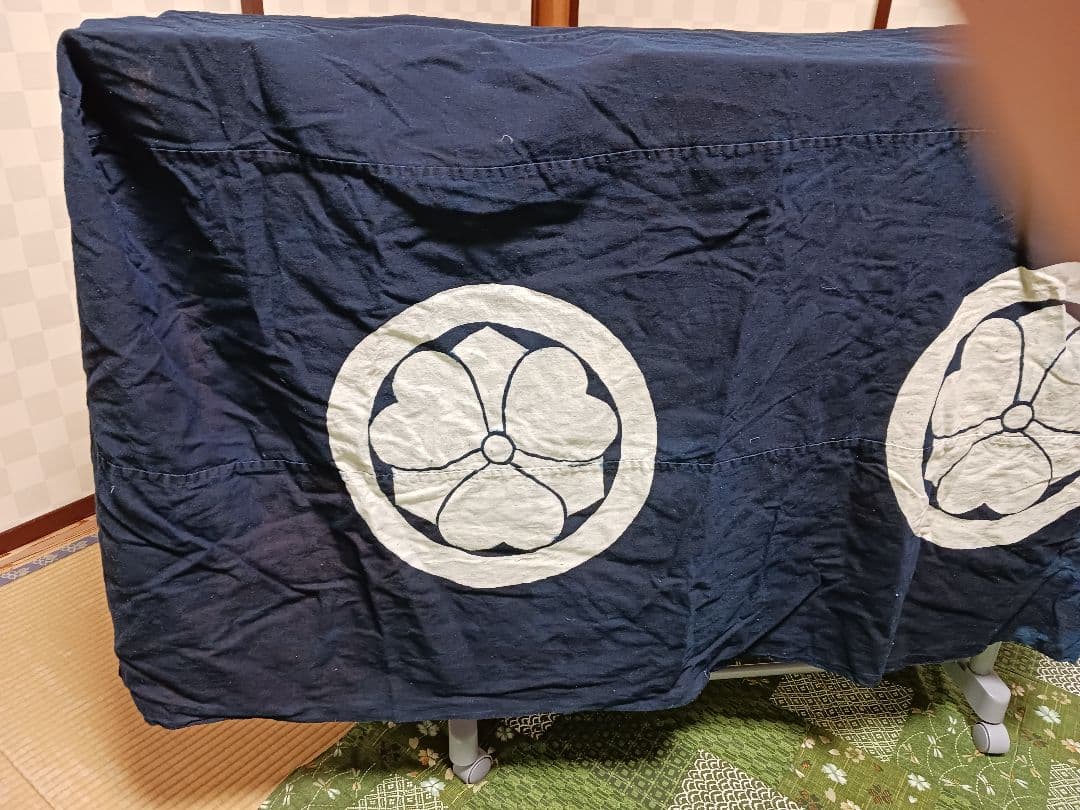 古布　油単　綿　濃紺　藍染　紋四つ　筒描き　一枚