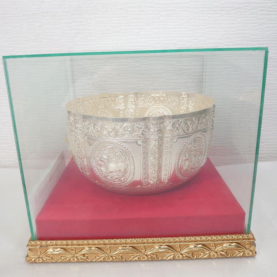ケ*ン様 銀杯 銀細工 銀製ボウル 直径約21cm ラオス 1997年 ガラスケ