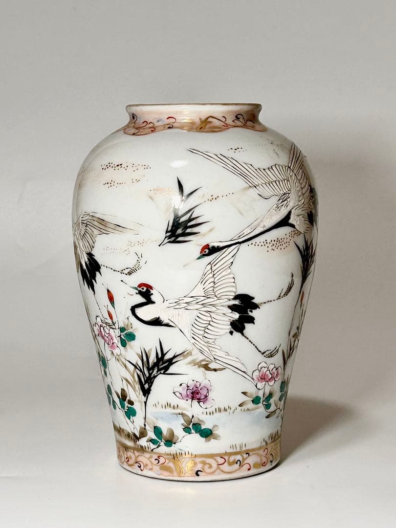 明治瀬戸の名工 加藤繁十 桃花園画 上絵飛鶴文花瓶 其の弍 名古屋絵付 瀬戸