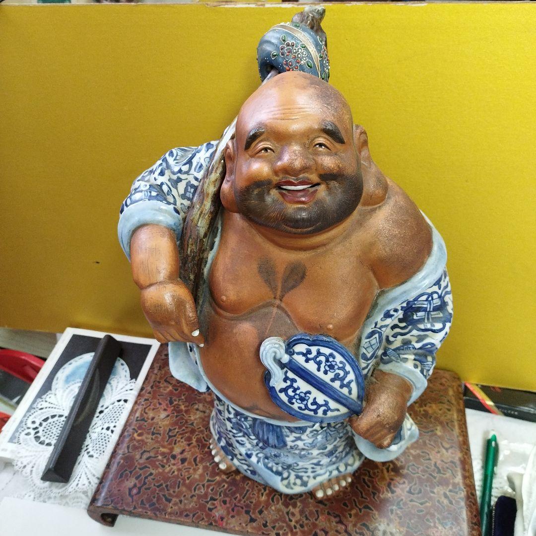 九谷焼陶器 青手 珍品 布袋様 骨董品 招福 高さ ３８ｃｍ