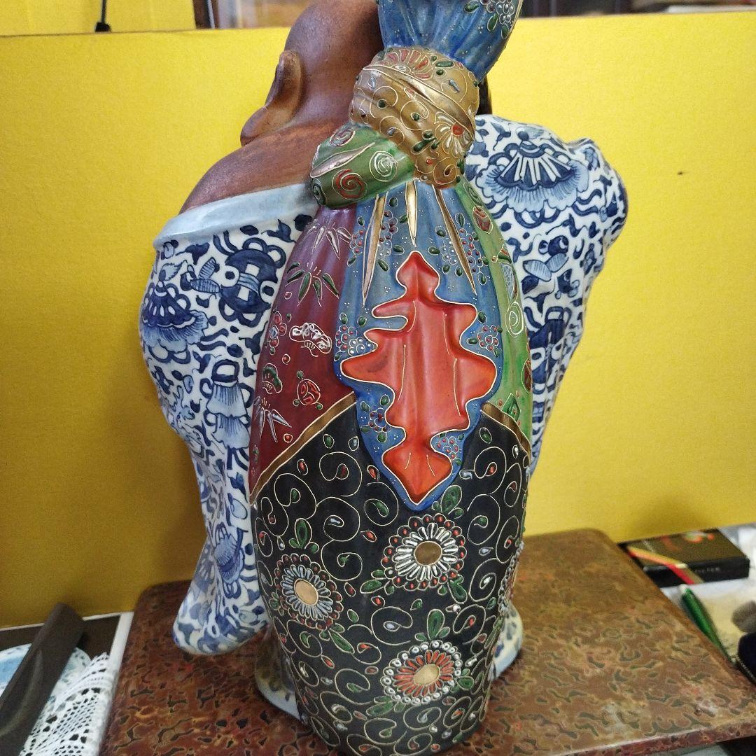 九谷焼陶器 青手 珍品 布袋様 骨董品 招福 高さ ３８ｃｍ