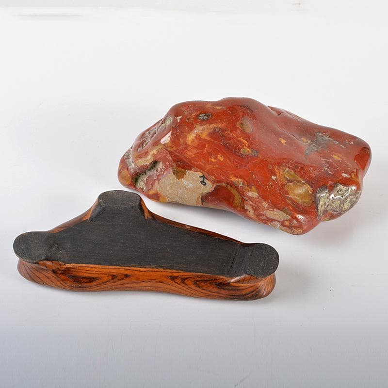 天然石　鑑賞石　佐渡赤玉石　赤石　置物　重さ約2.3㎏　唐木台付　V　R6490