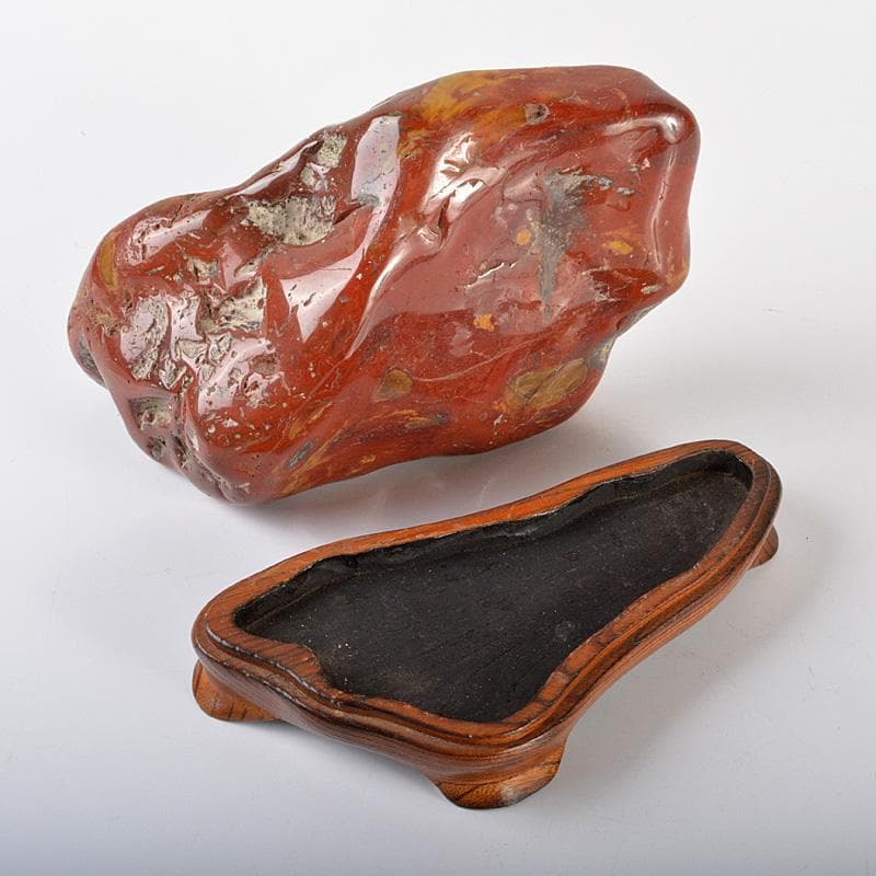 天然石　鑑賞石　佐渡赤玉石　赤石　置物　重さ約2.3㎏　唐木台付　V　R6490