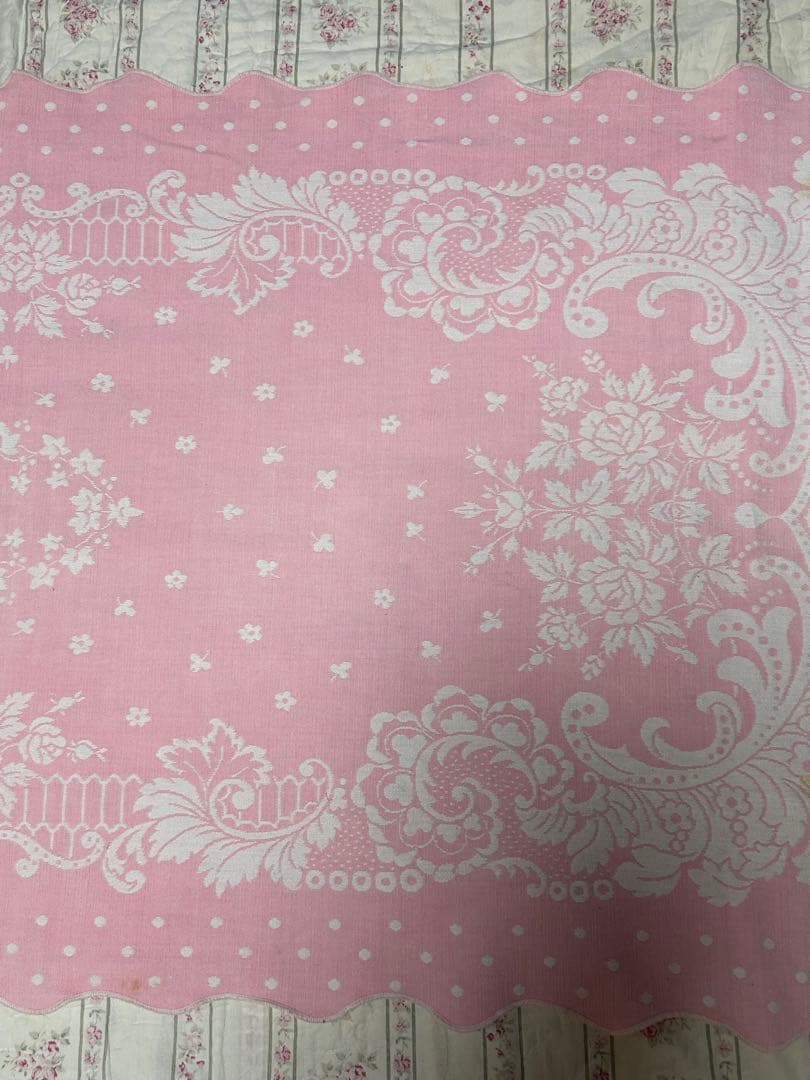 ヴィンテージアンティーク布　ピンク　水玉　テーブルクロス