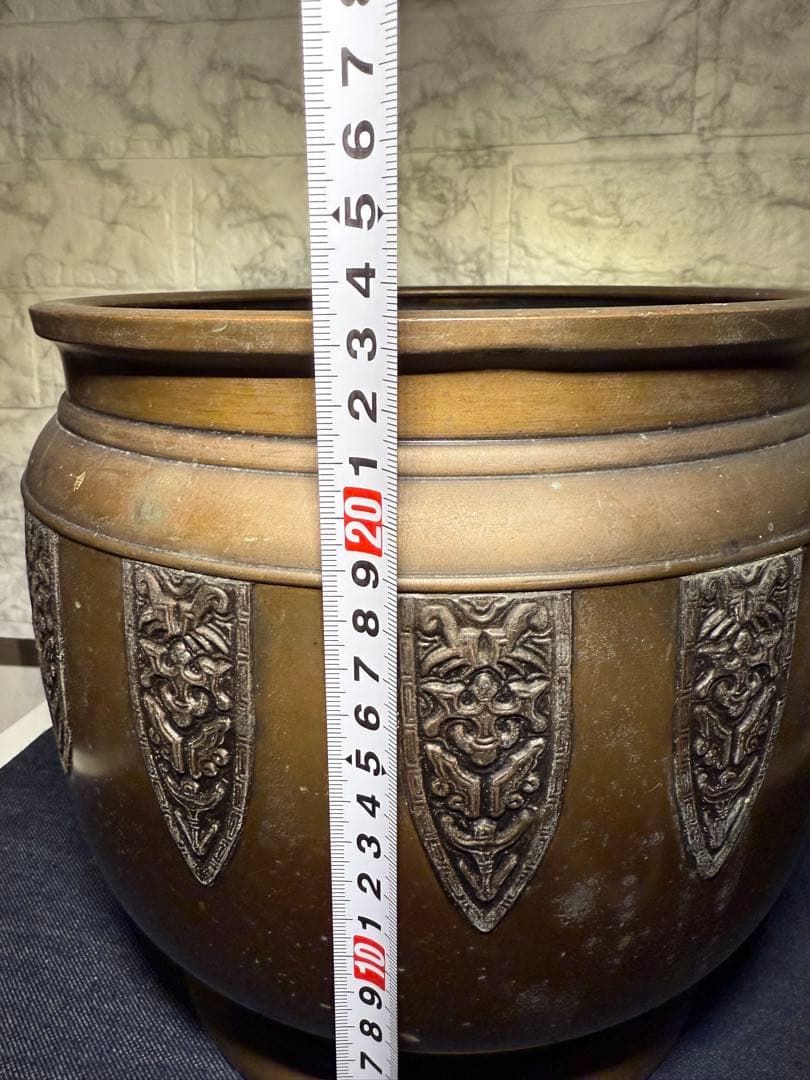 【極希少】 象双耳 真鍮製 火鉢 圧巻の細密彫刻 時代物 古美術 睡蓮鉢にも