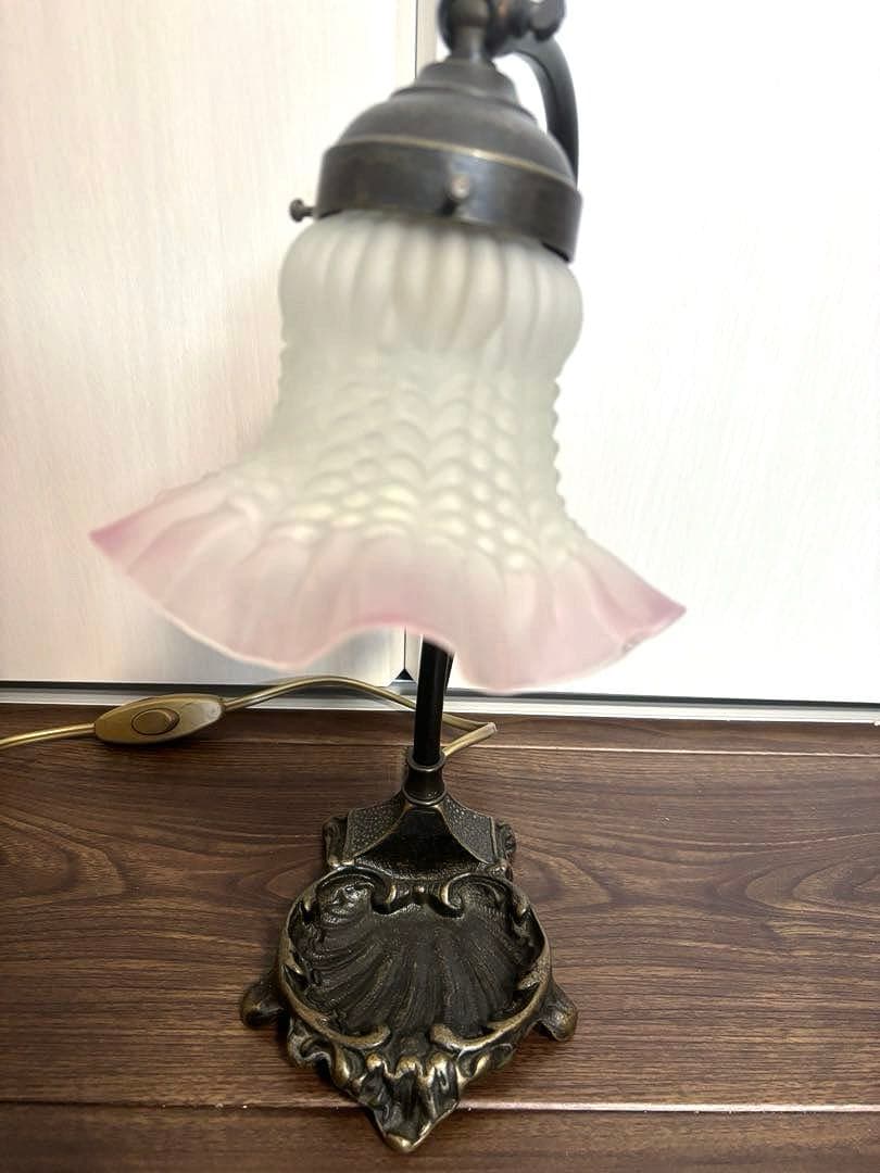 美品 アンティーク フランス スタンド フラワー ランプ ピンク 真鍮 ガラス