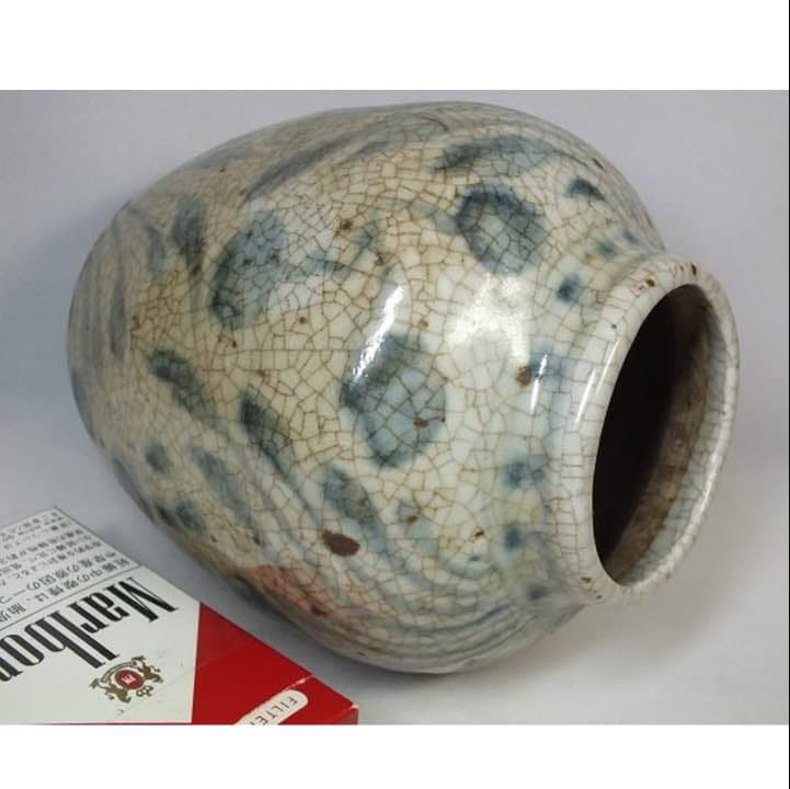 【中古美品】中国骨董品「染付鮭魚広口壺」