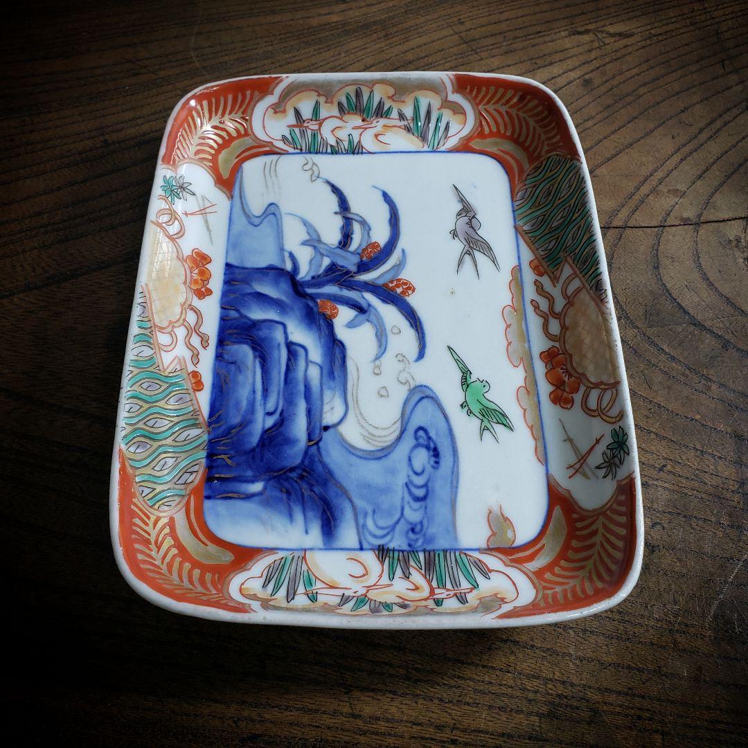 角皿 変形皿 色絵付 金彩 鳥 燕 鷺 波 自然風景 おもと 植物 古伊万里