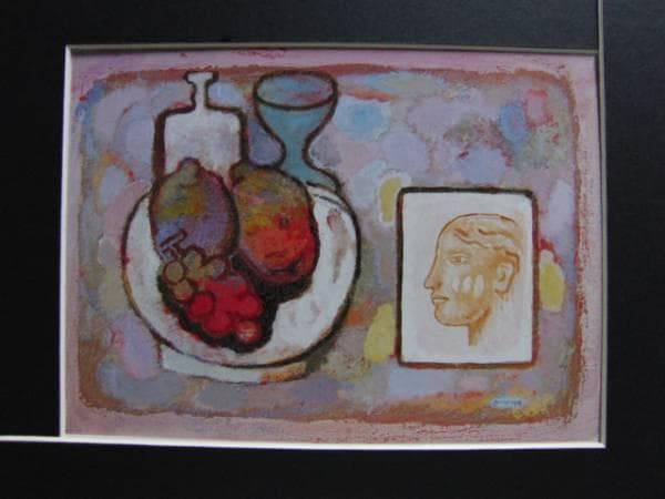 大沼映夫、青いワイングラスと横顔のある静物、希少画集画、新品額装