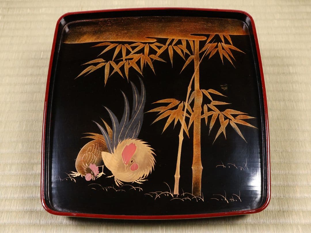 木製漆器 竹鶏蒔絵 吸物膳 五客 溜塗 黒塗 足付 四方膳 茶懐石 CM386