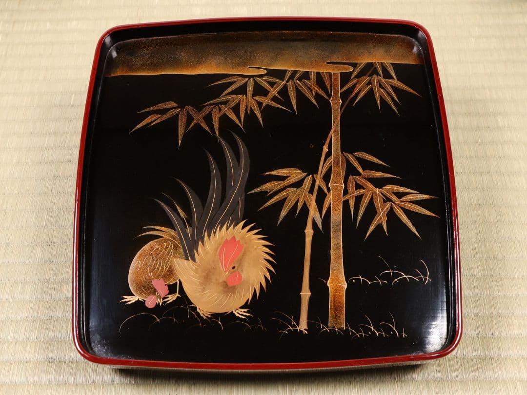木製漆器 竹鶏蒔絵 吸物膳 五客 溜塗 黒塗 足付 四方膳 茶懐石 CM386