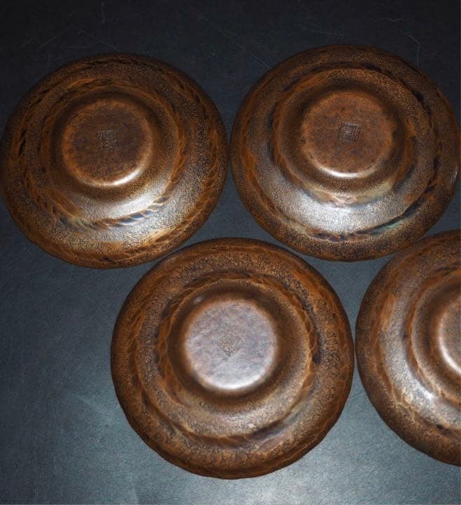 送料無料　秀逸作　『水の音』手打ち銅製茶托５客　作家物　共箱　径8.4ｃｍ