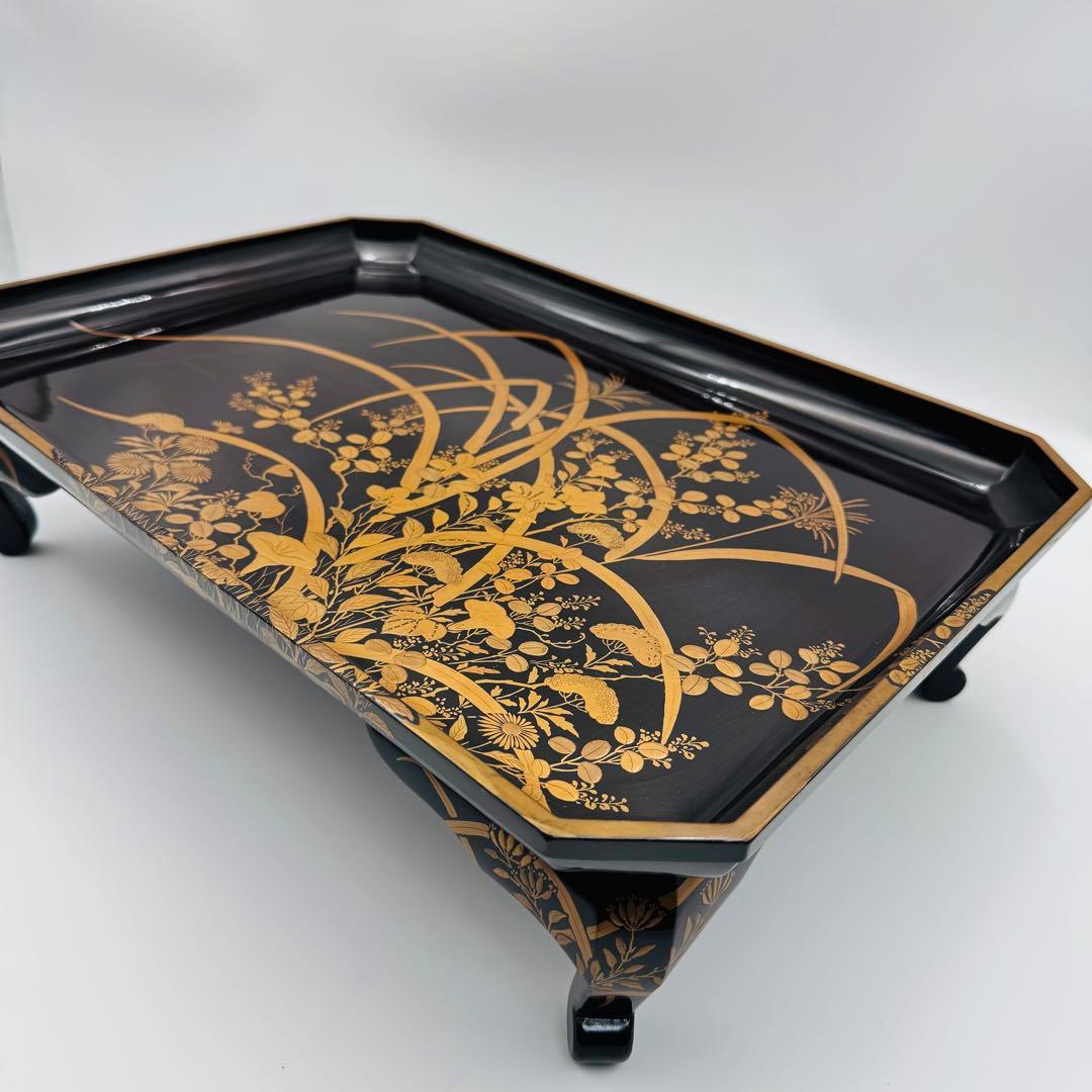 【長野横笛　黒箪花蒔絵香盆　膳　卓】漆芸　木箱　伝統工芸　明治　京漆器　秋草