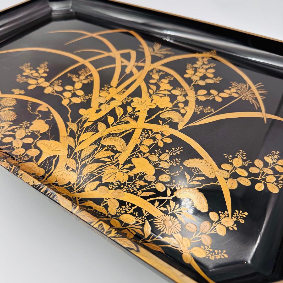 【長野横笛　黒箪花蒔絵香盆　膳　卓】漆芸　木箱　伝統工芸　明治　京漆器　秋草