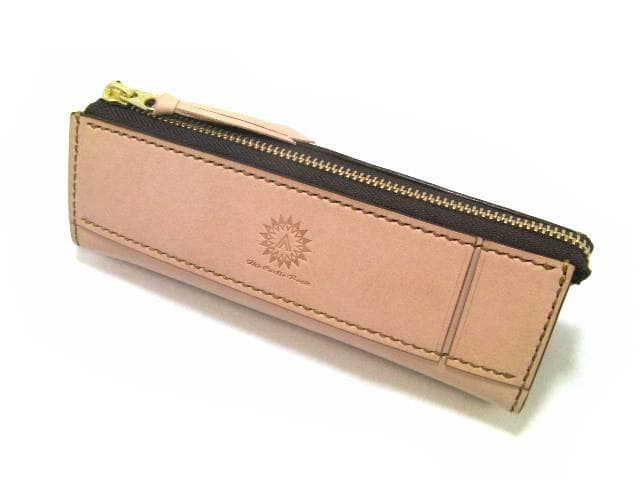 栃木レザー 本革 ペンケース 大容量 定規入る 生成り ヌメ革 名入れ刻印