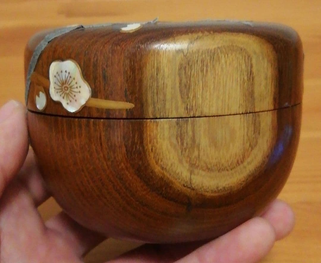 書付有　信斎作　塊木　梅捻　螺鈿　棗　共箱　仕服付　茶道具