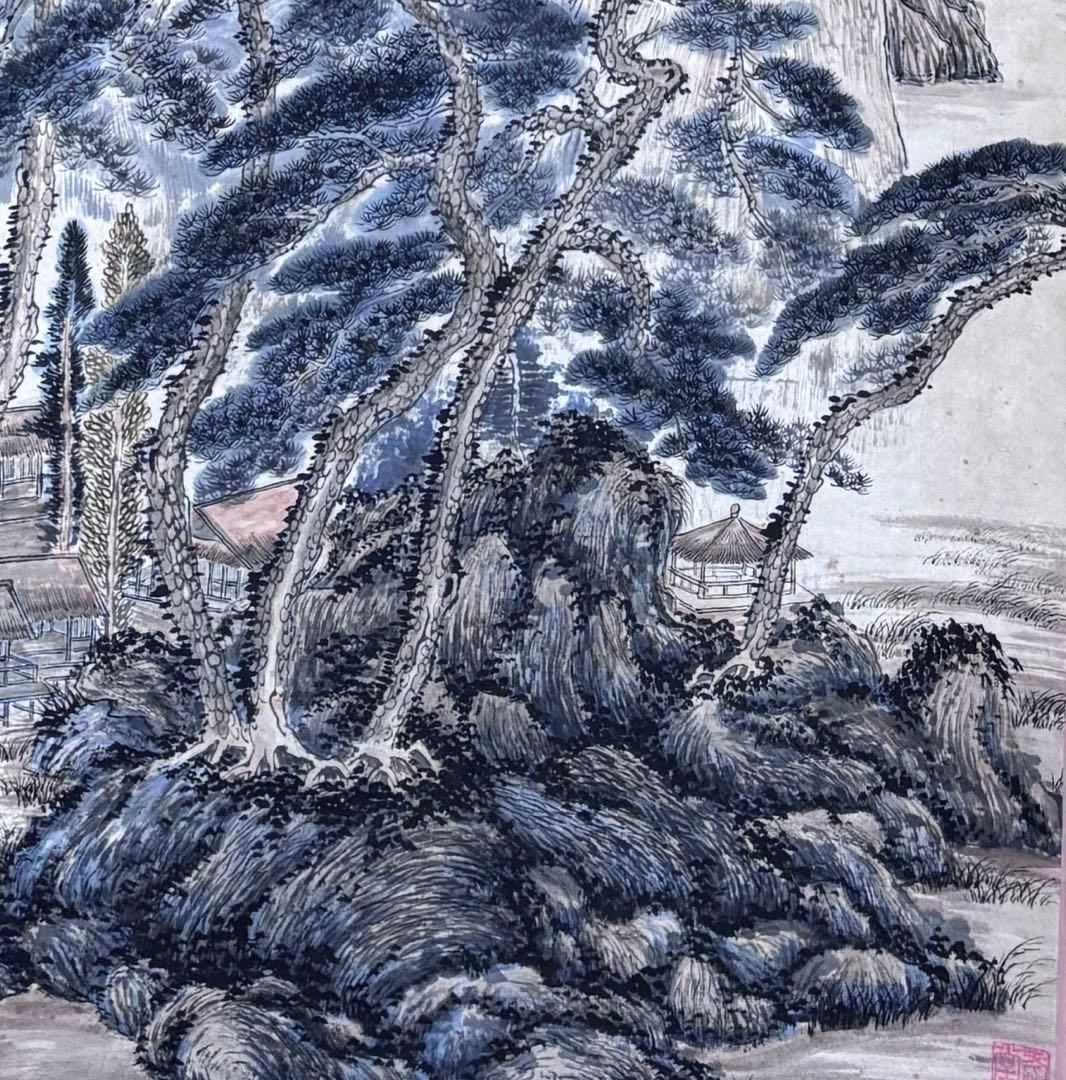 水墨画　掛軸　山林秋色図 謝光力画　中国　絵画　山水　張大千大風堂　カラー