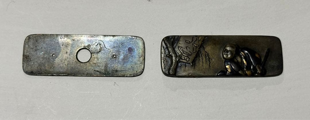 時代 前金具 煙草入 かます 銅製 彫金 金工 象嵌 根付 提物 目貫 妖怪