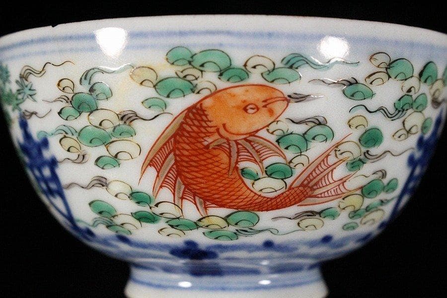 中国美術 彷古 五彩 藻草魚紋 蓋碗 乾隆款 五件 送料無料