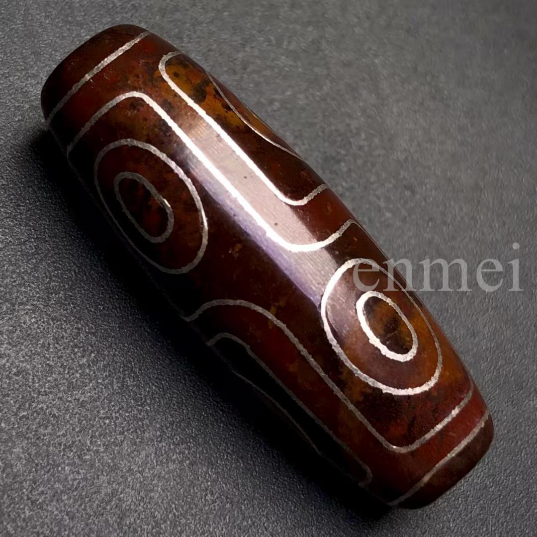 中国古美術・藏區回流・老料高油包漿・銀絲鑲嵌 六眼天珠 朱砂満点・西蔵工芸・瑪瑙