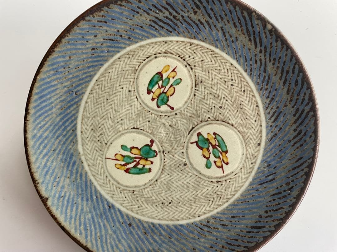 陶芸家　人間国宝　島岡達三　象嵌赤絵　草花文皿　大皿　共箱