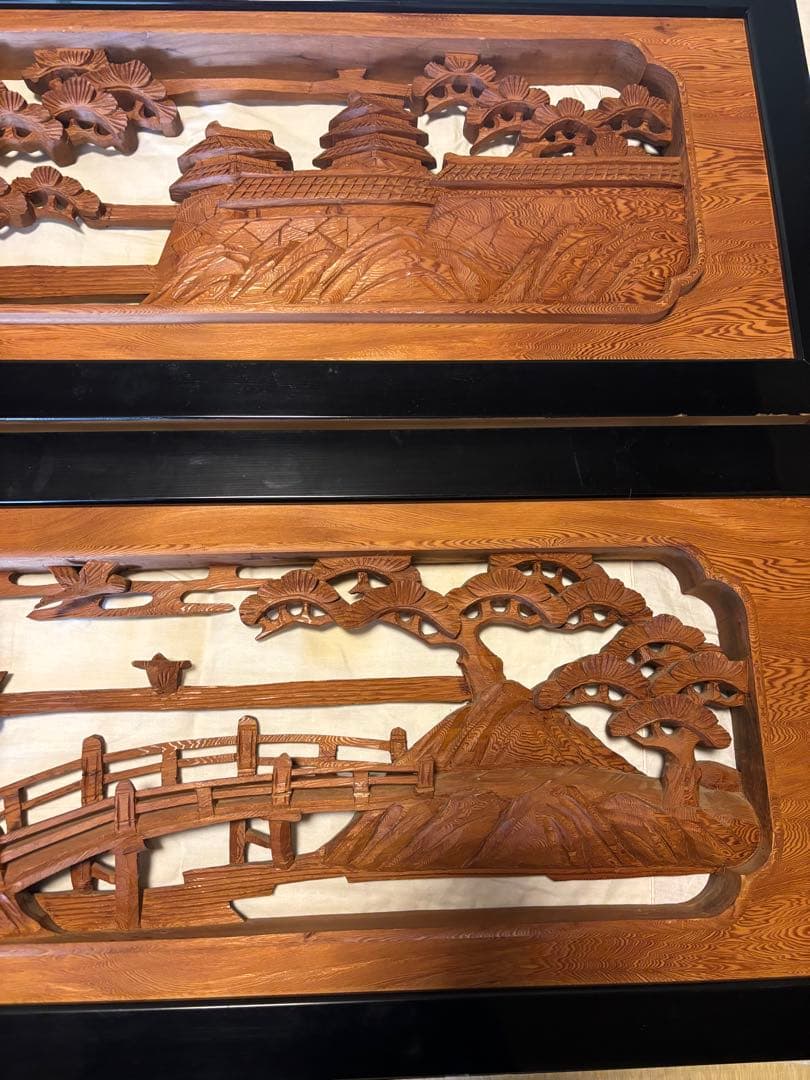 欄間　木製風景彫刻 2枚セット
